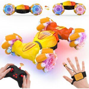 Yellow RC Stunt Car with Gesture Control - 2.4GHz, 4WD, Lights & Music - Ideal